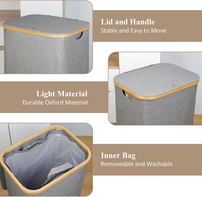 iEGrow Laundry Hamper with Lid, 110L Large Laundry Hamper with Handle and Lid, Collapsible Clothes Basket Organizer with Removable Inner Bag for Clothes Toys Towels - Grey - Image 5