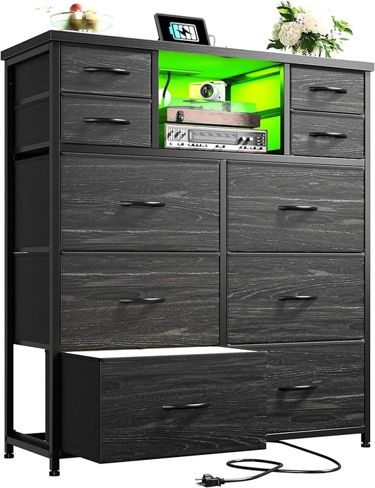 Romorgniz Dresser for Bedroom with 10 Drawers Featuring LED Light and Power Outlet, Fabric Dressers & Chest of Drawers with Open Shelves for Hallway, Living Room, Metal Frame,Wood Top,Grain Black