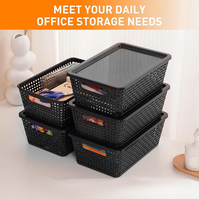 Plastic Storage Baskets With Lid, Storage Bins for Organizing, Stackable Decorative Containers for Shelves Drawers Desktop Closet Playroom Classroom Office, 8 Pack-Black - Image 5