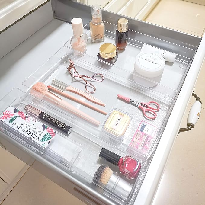 LotFancy Clear Plastic Drawer Organizer, 12’’ x 6” x 2’’, Set of 3 Drawer Storage Containers Bins for Dresser Cosmetics Makeup, Stackable - Image 4