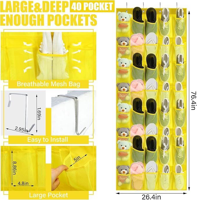 Windyun 40 Over the Door Shoe Organizer Large Mesh Pocket Hanging Shoe Rack for Closet Yellow Nonslip Behind Door Storage Holder Back to School Organizer for Dorm Room College Classroom Storage - Image 2