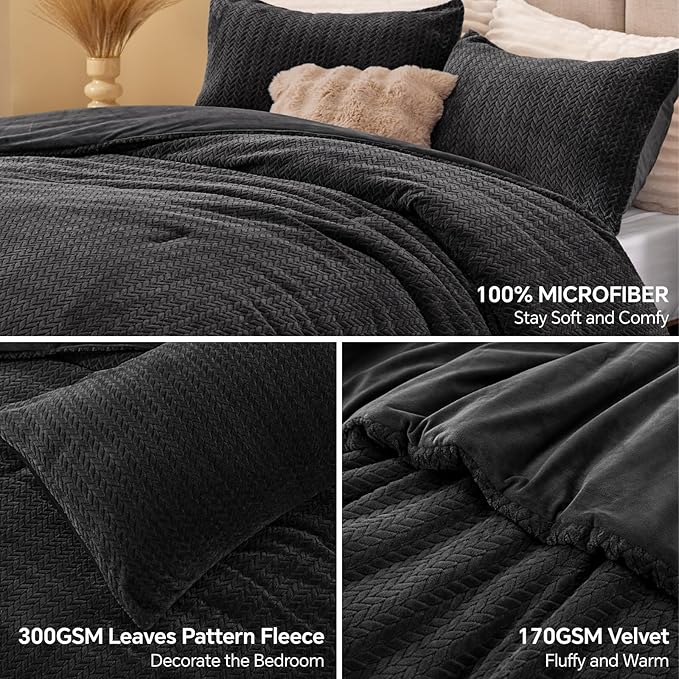 Flannel Fleece Twin Comforter Set - Furry Black Leaves Pattern Faux Fur Bed Set, Winter Ultra Soft Fuzzy Comfort Set, Velvet Bedding Set for Bed with 1 Pillow case