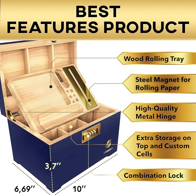 HOVANZO Premium Large Bamboo Storage Box with Removable Tray - Storage Wood Box for Herbs and Accessories - Storage Box Set with Combination Lock - Smell Proof Container with Accessories - Image 4