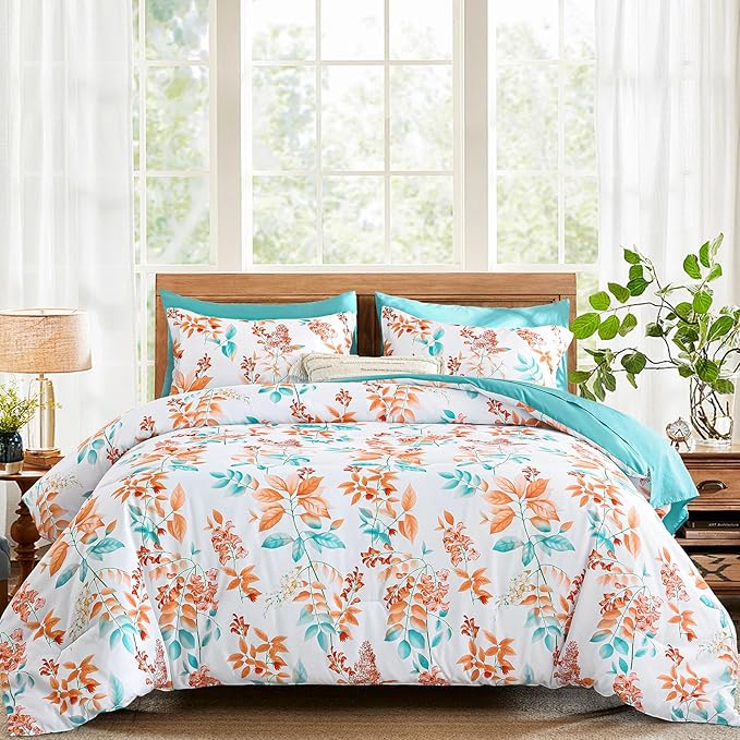 Cottolester Queen Comforter Set- 7 Pieces Floral Comforter Bed in A Bag,Coral Botanical Comforter Set with Pillowcases,Soft Microfiber Complete Bedding Sets for All Season