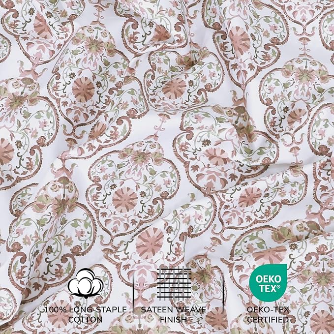 Feather & Stitch Printed 500 TC California King Size 4pc Damask Bed Sheet Set, 100% Soft Cotton Breathable Bedsheets, 18" Deep Pockets Sateen Weave Striped Bedding Mattress - Floral Bloom
