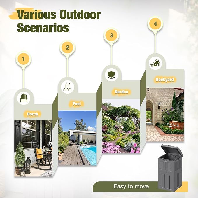 Devoko 33 Gallon Outdoor Trash Can with Dual Lid, Heavy Duty Waterproof Resin Garbage Bins Outside, Hideaway Waste Bins for Patio, Outside Pool, Backyard and Deck (2, Gray) - Image 6