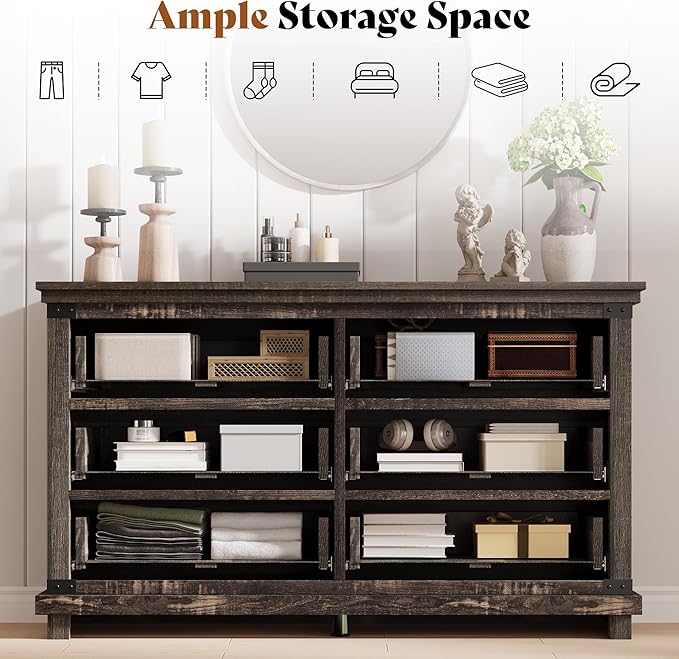 AMERLIFE 5 Pieces Farmhouse Bedroom Set, Includes Rustic King Bed Frame with 54" Tall Headboard, 6 Drawer Dresser, 5 Drawer Tall Chest, Nightstands Set of 2 with Charging Station, Black Oak