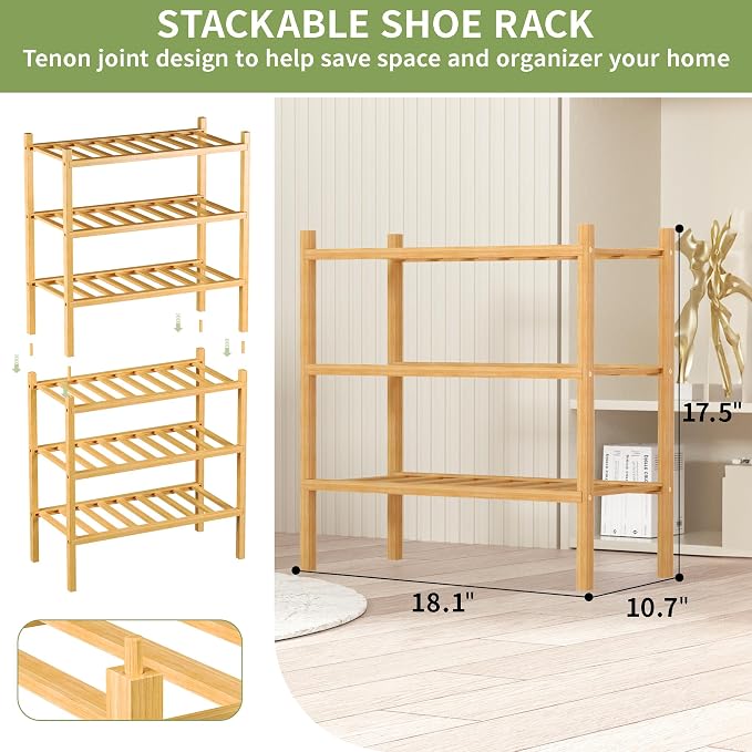 ROMGUAR CRAFT 3-Tier Bamboo Small Shoe Rack, Free Standing Wood Shoe Shelf Storage Organizer for Closet Entryway Stackable (Natural) - Image 3