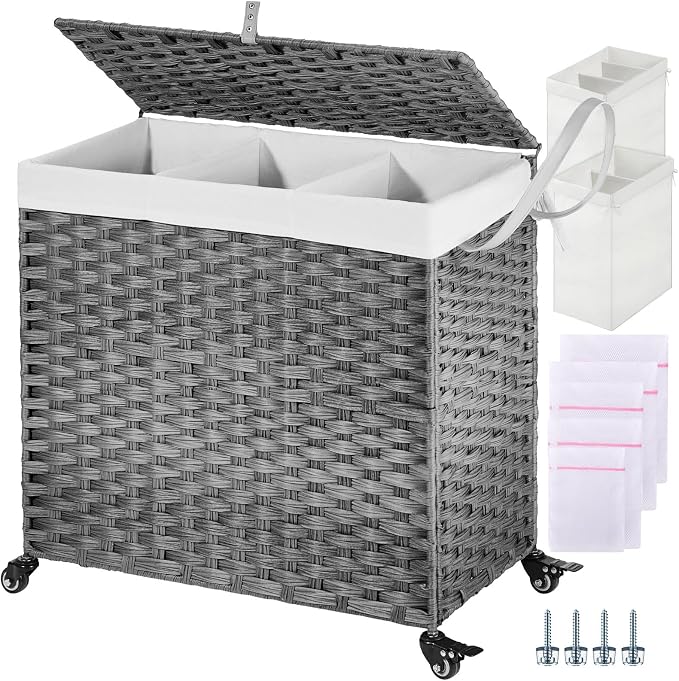 GREENSTELL Laundry Hamper with Wheels&Lid, 130L Large 3 Sections Clothes Hamper with 2 Types Removable Liner Bags, 5 Mesh Laundry Bags, Handwoven Divided Laundry Basket Gray by Greenstell