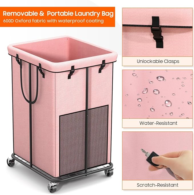 150L Laundry Hamper with Wheels, Rolling Laundry Basket with Metal Frame and Removable Bag, Large & Tall Dirty Clothes Hampers for Bedroom Aesthetic, Laundry Room, Bathroom, Dorm-Pink - Image 6