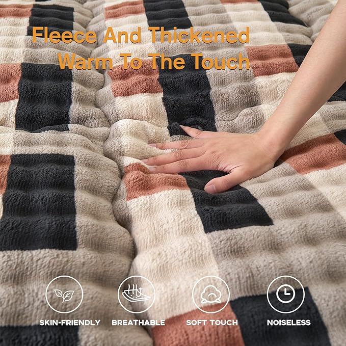 Twin Mattress Pad 39 x 75 inches, Warm Thicken Velvet Mattress Topper Twin Protector with 4 Elastic Band, Suitable for Mattresses up to 15 inches Thick Washable, Gray-Brown Grid