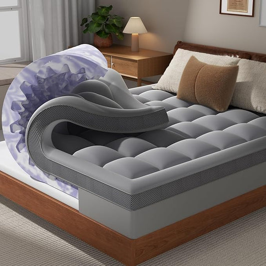 Dual Layer 4 Inch Memory Foam Mattress Topper King - 2 Inch Gel Memory Foam and 2 Inch Pillow Top Mattress Pad, 7-Zone Egg Crate King Size Mattress Topper (Gray)