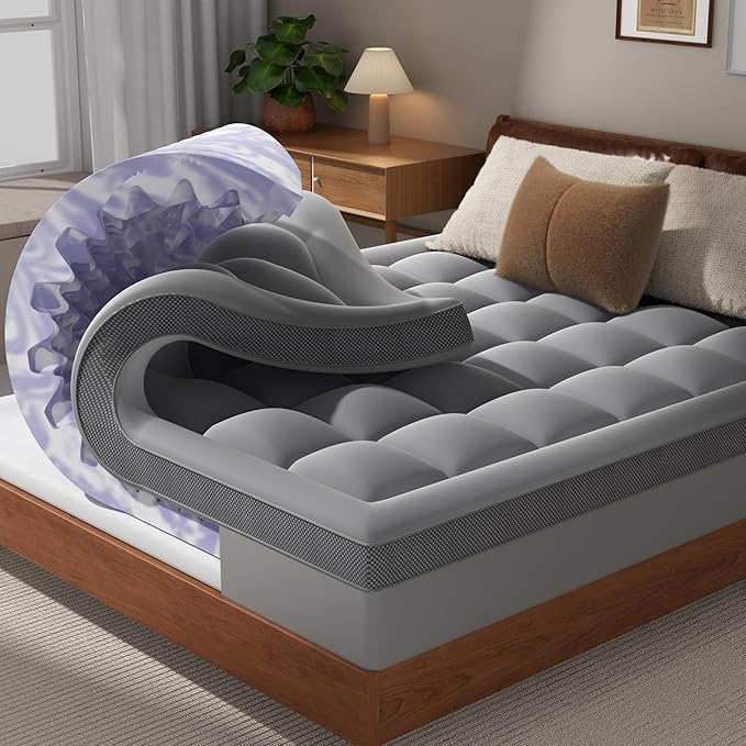 Dual Layer 4 Inch Memory Foam Mattress Topper Full - 2 Inch Gel Memory Foam and 2 Inch Pillow Top Mattress Pad, 7-Zone Egg Crate Full Size Mattress Topper (Gray)