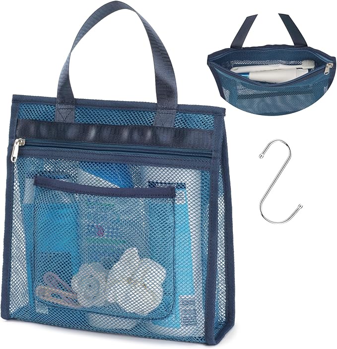 F-color Mesh Shower Caddy Portable Hanging - 3 Pockets Small Shower Bag Tote for Camping, Gym, Travel, Toiletry, Quick Dry Bathroom Essentials with S Hook, Navy Blue by F-color