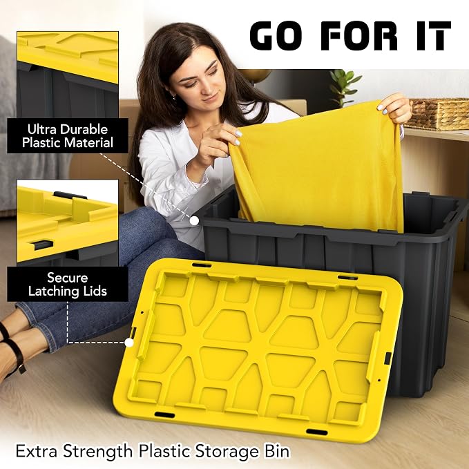 4 PACK X-Large Black & Yellow Storage Bins | Plastic Tote Organizing Container with Secure Latching Lids, Stackable, Extra Strength with Built in Handle | Black and Yellow Bins | 24.5" x 16.5" x 16.6" - Image 4