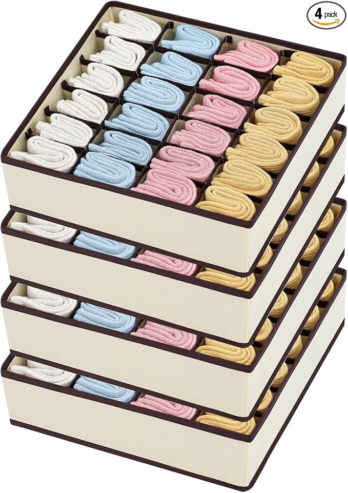 Sock Organizer 4 Pack, Large Sock Drawer Divider, Underwear Storage 24 Cell Closet Organizers and Storage for Wardrobes, Drawers. (Beige) by EasortmPackingCubes