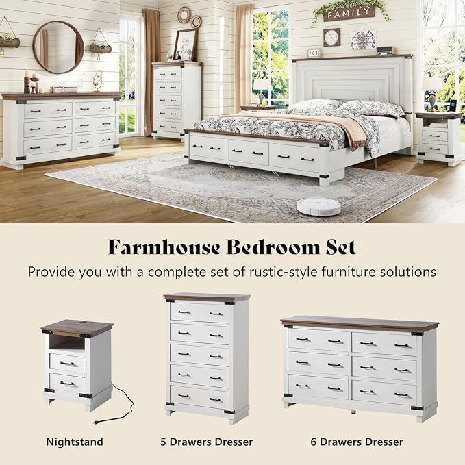 AMERLIFE 2 Pieces Farmhouse Bedroom Set, Includes Wood Rustic Queen Size Bed Frame with 54" Tall Headboard, 48" Tall 5 Drawers Dresser Chest, Heavy Duty Thick Plank Styling, Antique White
