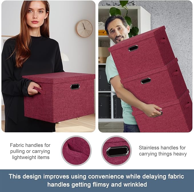 Graciadeco Large 17" 36 Quart Collapsible Stackable Storage Bins with Lids, 3 Packs Bright Red Linen Fabric Closet Boxes with Lids, Storage Cube Baskets Container Organizers for Office (17x12x11) - Image 5