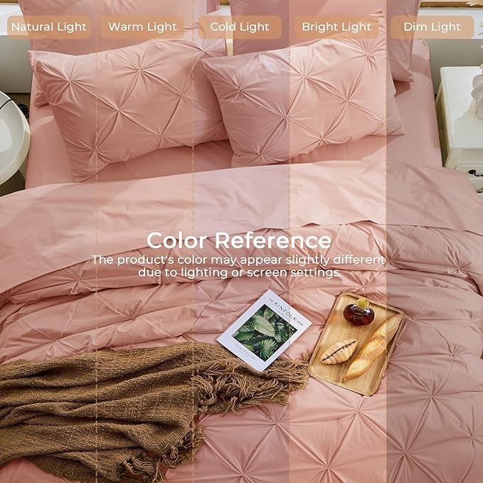 Sasttie Queen Comforter Set, 7-Piece Bed in a Bag, Pintuck Bedding Sets for All Season, Includes Comforter, Flat Sheet, Fitted Sheet, Pillowcases and Pillowshams, Blush