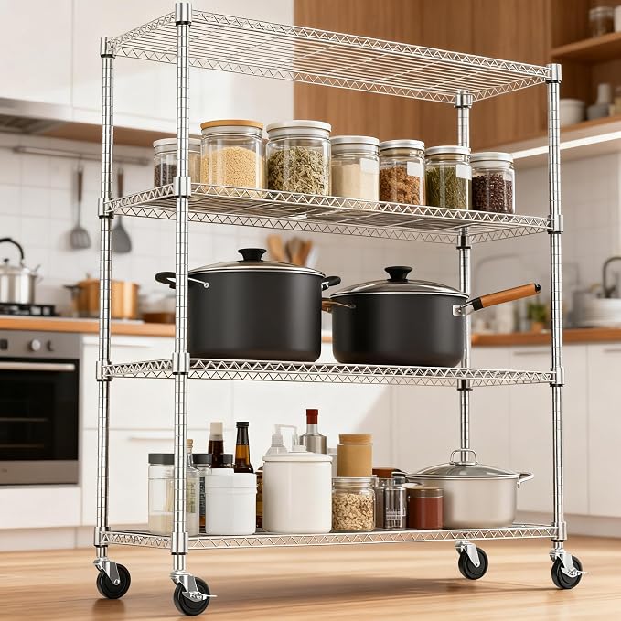 M MZG 1400LBS 47.2" W 4 Tiers Storage Shelves Metal Shelving Unit with Wheels Heavy Duty Garage Shelving Adjustable Wire Shelves for Pantry,Kitchen,Garage,Basement,Chrome 17.7" D x 47.2" W x 62.6" H - Image 2