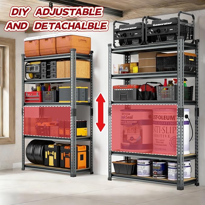 Garage Shelving Heavy Duty, 2450LBS Metal Storage Shelves 5 Tier, Adjustable Shelving Unit 36" W x 16" D x 72" H, Boltless Garage Storage Rack for Garage Basement, Pantry, Warehouse 1Pcs - Image 5