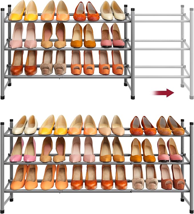 Tajsoon Expandable Shoe Rack for Closet 3 Tier, 28“-41“Adjustable & Stackable Shoe Shelf Storage, Metal Shoe Rack Organizer for Front Door Entrance, Closet, Garage, Entryway, Grey by Tajsoon