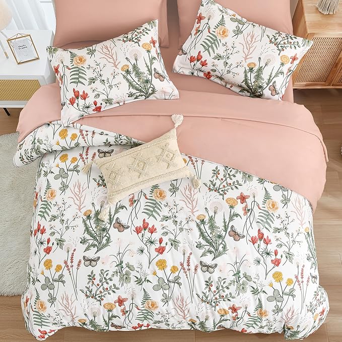 Yiran 7 Piece Floral Comforter Set King Size, Pink Green Summer Comforter Bedding Set, Botanical Bed in a Bag with Flowers Pattern, Soft Microfiber Complete Bedding Set with Sheets for All Season
