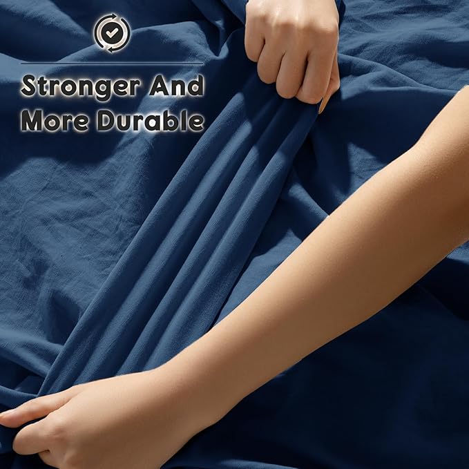 SONORO KATE 100% French Pure Linen Sheets, Breathable and Durable Line Full Size Sheets, Anti-Tear Line Bed Sheets, Machine Washable, 16 Inch Deep Pocket - 4 Piece (Navy Blue, Full)