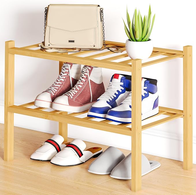 Smiry Shoe Rack, 2 Tier Small Bamboo Shoe Organizer, Stackable Free Standing Wooden Shoe Storage Shelf for Closet, Entryway, Front Door Entrance, Natural by Smiry