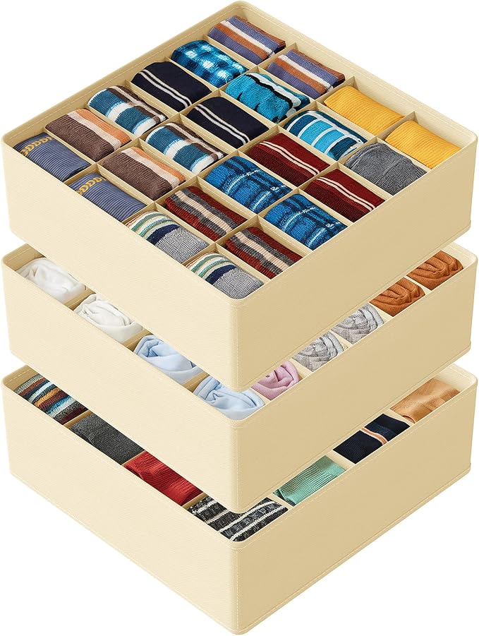 SpaceAid Sock Drawer Organizer Divider 3 Pack, 64 Cell Dresser Closet Nursery Underwear Organizers Storage Bins for Organizing Socks Underwear Ties Belts (Beige) by SpaceAid
