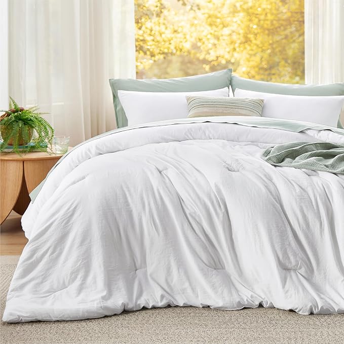 Bedsure Super King Plus Comforter Set, White Soft Prewashed Bedding for All Seasons, 3 Pieces GentleSoft™ Bed Set, 1 Lightweight Comforter (128"x120") and 2 Pillowcases (20"x36")