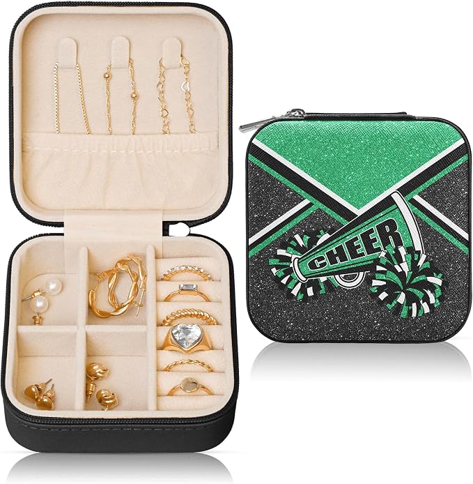 Cheerleader Travel Jewelry Case, Cheer Travel Jewelry Box for Women, Mini Jewelry Travel Case for Cheer Team, Cheerleader Gifts for Girls (Green) by Corxiren