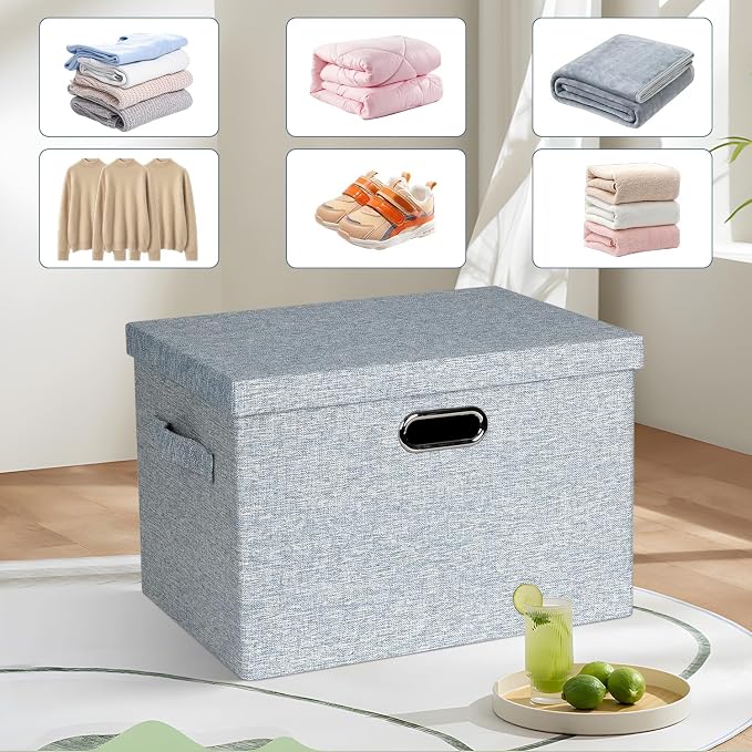 Graciadeco Large 17" 36 Quart Collapsible Stackable Storage Bins with Lids, 3 Packs Blue-Grey Linen Fabric Closet Boxes with Lids, Storage Cube Baskets Container Organizers for Bedroom (17x12x11) - Image 6