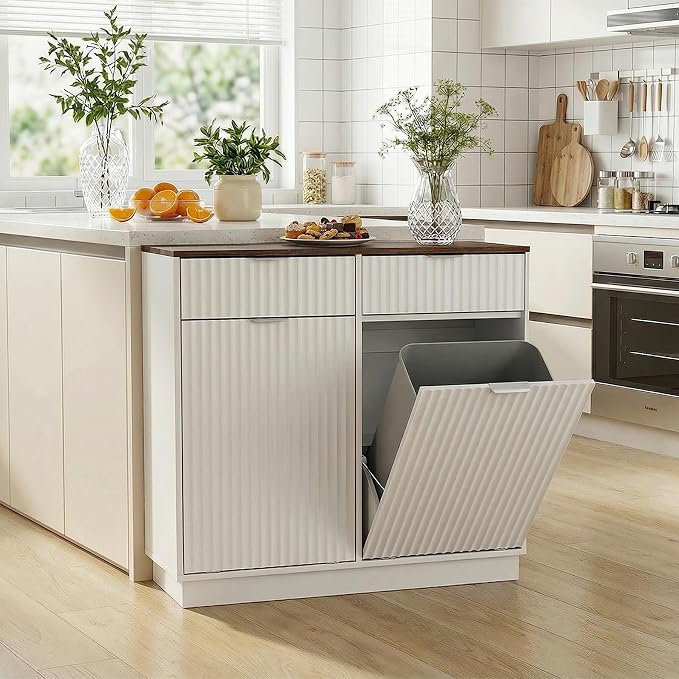 Double Tilt-Out Trash Cabinet, Laundry Hamper Cabinet with 2 Drawers, 39.4W x 34.3H x 13.8D inches, Walnut+White, Wave-Textured Front. - Image 6