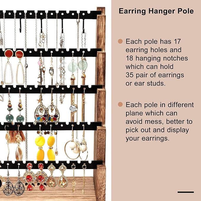 Pinzoveco Earring Organizer, 5 Layer Earring Holder Organizer with Necklace Holder Pole, Rustic Wood Jewelry Organizer Stand Display for Stud Earring Bracelet Necklace Ring, 175 Earring Holes - Image 3