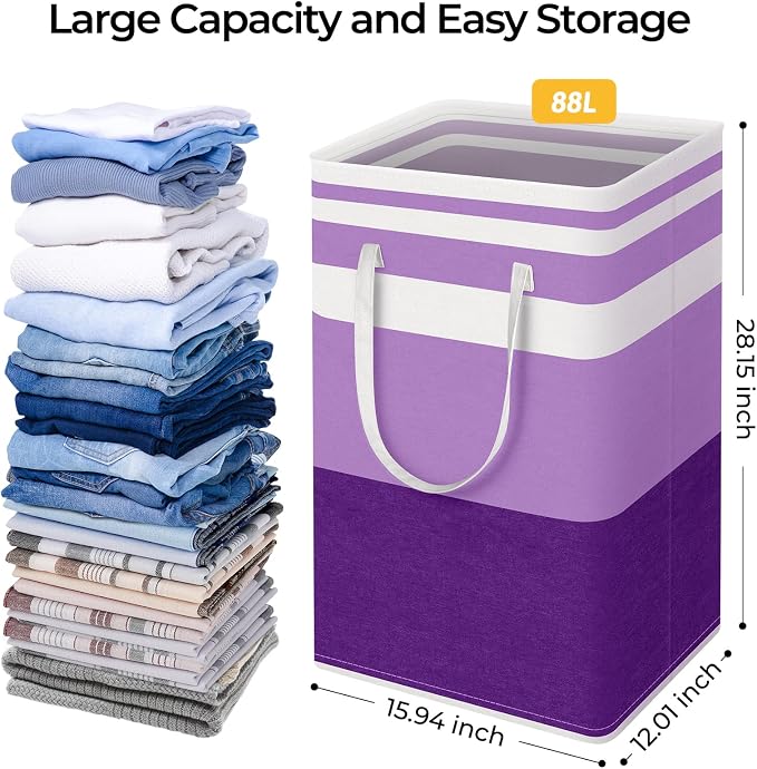 HomeHacks 2 Pack Large Laundry Baskets, Waterproof, Freestanding Laundry Hampers, Collapsible Clothes Hamper with Reinforced Handles in Laundry, College Dorm, Bathroom, Bedroom (Purple, 88Lx2) - Image 4