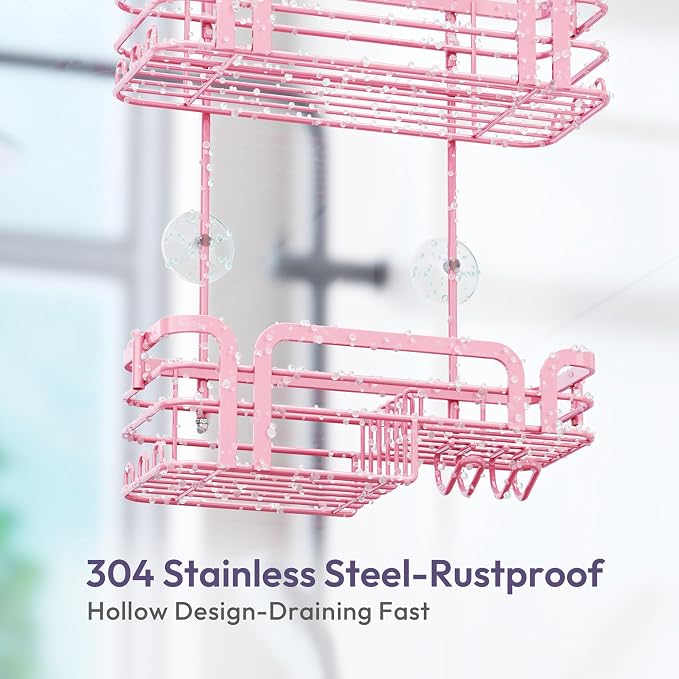 SWTYMIKI Shower Caddy Hanging Organizer - Over the Door Shower Caddy with Soap Holder, 11 Hooks, 2 Installation Ways, Stainless Steel Rustproof Bathroom Organizer, Pink - Image 7