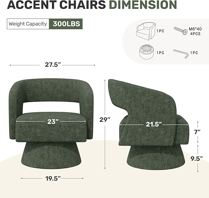 Nebuaegis Swivel Accent Chair, Modern Comfy Chenille Barrel Chairs, Oversized Upholstered Round Arm Chair for Living Room, Bedroom, Reading Room, Green, 1 PCS