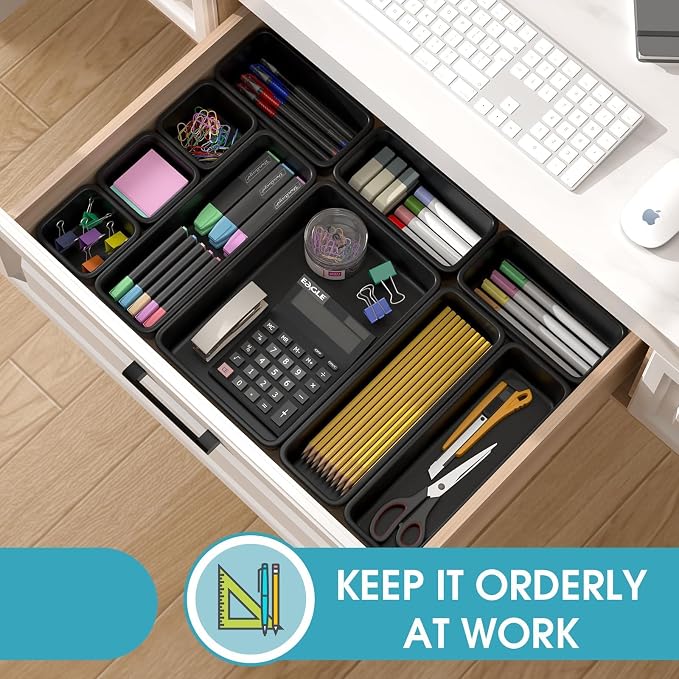 StoreHappily 10 PCS Drawer Organizer Set, 4 Size Makeup Drawer Divider Organizer With Non-Slip Pads, Interlocking Plastic Storage Bins for Office,Jewelry Vanity,Gadgets, Bathroom,Kitchen, Black - Image 5