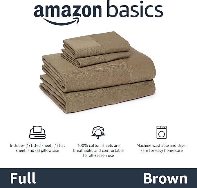 Amazon Basics 100% Cotton Jersey Bed Sheet Set, Full, Brown, Solid