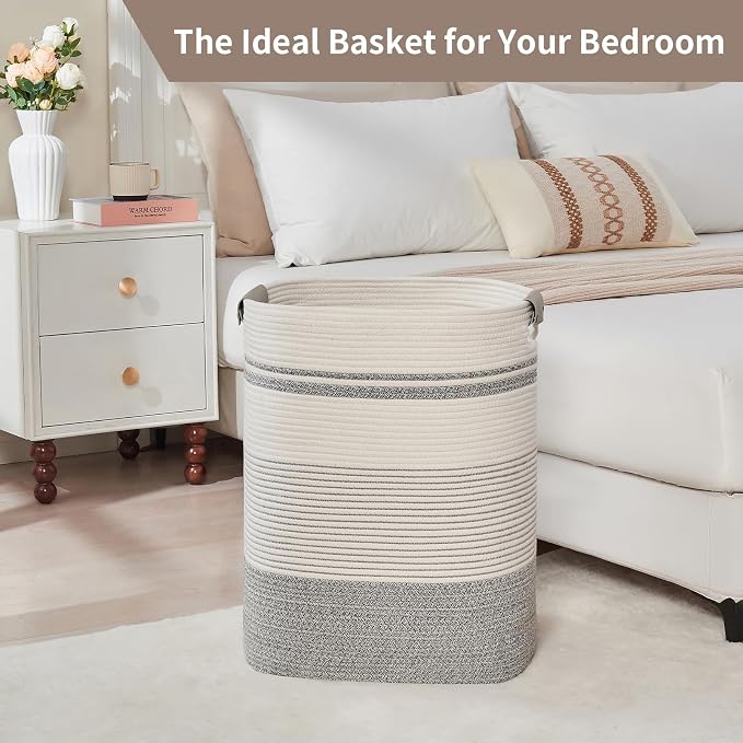AINUOQI Laundry Basket with Handles - Blanket Basket & Hampers for Bedroom Aesthetic, Laundry Hamper & Blanket Storage for Living Room, Clothes Hamper, Tall, Large 17" x 14" x 22”, Grey & White - Image 6