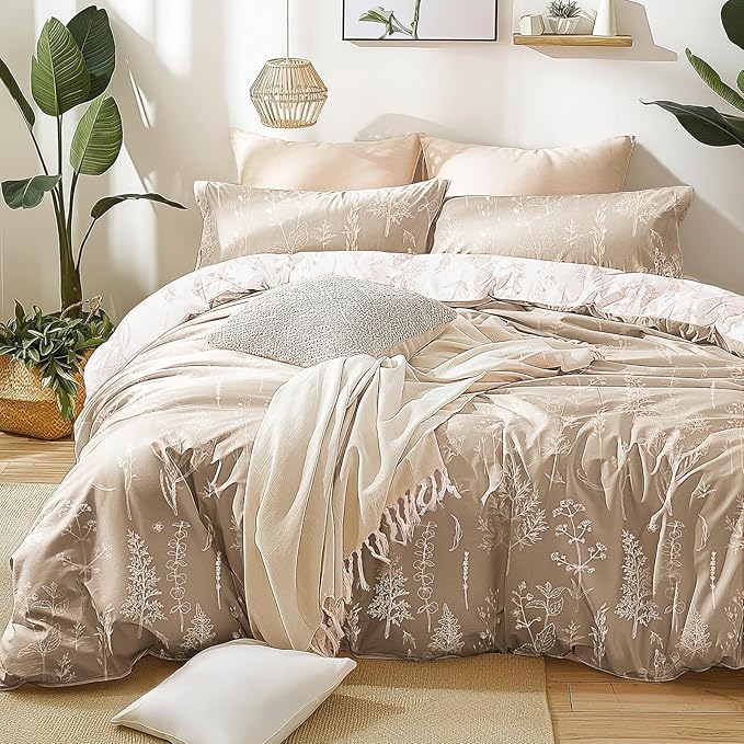 Love's cabin Light Taupe Comforter Set King - King Size Comforter Set, 3 Pieces Cute Floral Bedding Sets for All Seasons,1 Soft Reversible Botanical Flowers Comforter and 2 Pillow Shams