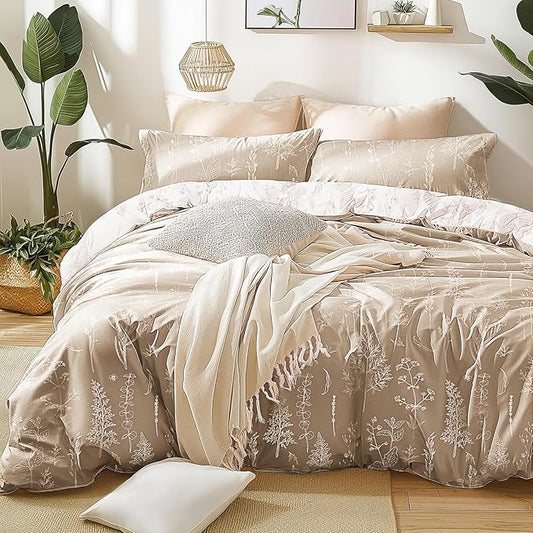 Love's cabin Light Taupe Comforter Set King - King Size Comforter Set, 3 Pieces Cute Floral Bedding Sets for All Seasons,1 Soft Reversible Botanical Flowers Comforter and 2 Pillow Shams