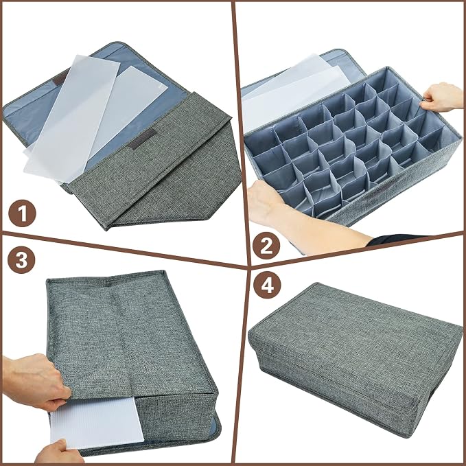 PINGMIC Gray Sock Organizer Divider 4 Pack with Lid - 30 Cell Foldable Closet Storage, Tie Organizer For Men Boxes for Socks, Ties, Belts - Image 7