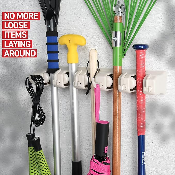Mop and Broom Holder Wall Mount 2 Pack - Garage Storage Organizer with 5 Slots, 6 Hooks, 7.5lbs Capacity Per Slot - Home, Kitchen, Closet, Laundry Room Organization – Off-White Broom Hanger - Image 6
