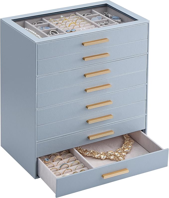 Lolalet Jewelry Box Organizer, 8-Layer Jewelry Organizers and Storage Case with Glass Lid, Ring Earring Bracelet Necklace Holder Organizer, Birthday Valentine Gifts for Women Girls -8Layer, HazeBlue by Lolalet