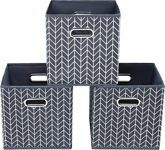 11 Inch Cube Storage Bins , Fabric Cube Organizer Bins with Handle, Foldable Cube Bins for Cloth or Accessary Storage, 11x11x11 Set of 3 (Gray Wave) by Yunkeeper