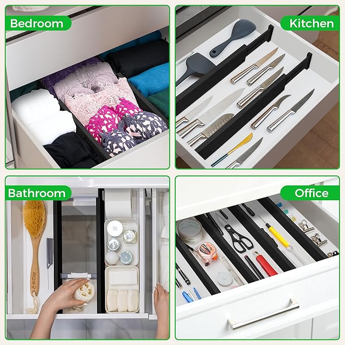 4 Pack Bamboo Drawer Dividers Organizer with Inserts 2.6'' High, Expandable from 12.5-21.7", Adjustable Drawer Organizer Separators for Utensils, Clothing, Office, Dresser, Bedroom, (Black) - Image 6