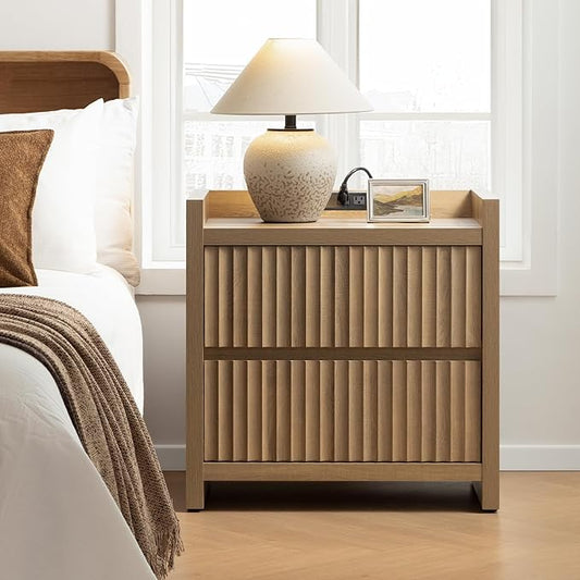 SICOTAS Night Stand Fluted Nightstands with Charging Station-Modern 2 Drawers Nightstand 25" Tall Bedside Table End Table, Large Night Stands for Bedroom, Sofa Side (Caramel Oak, 1 Piece)