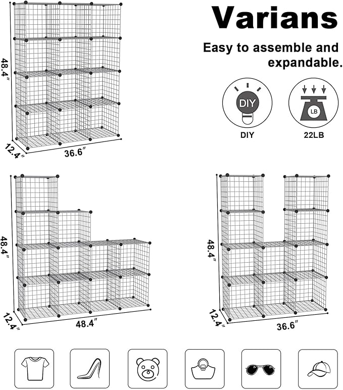 C&AHOME Wire Cube Storage, 12 - Cube Organizer Metal C Grids, Modular Shelves Units, Closet Organizer, Ideal for Home, Office, Living Room, 36.6”L x 12.4”W 48.4”H, Silver Gray UWCS3012G - Image 3
